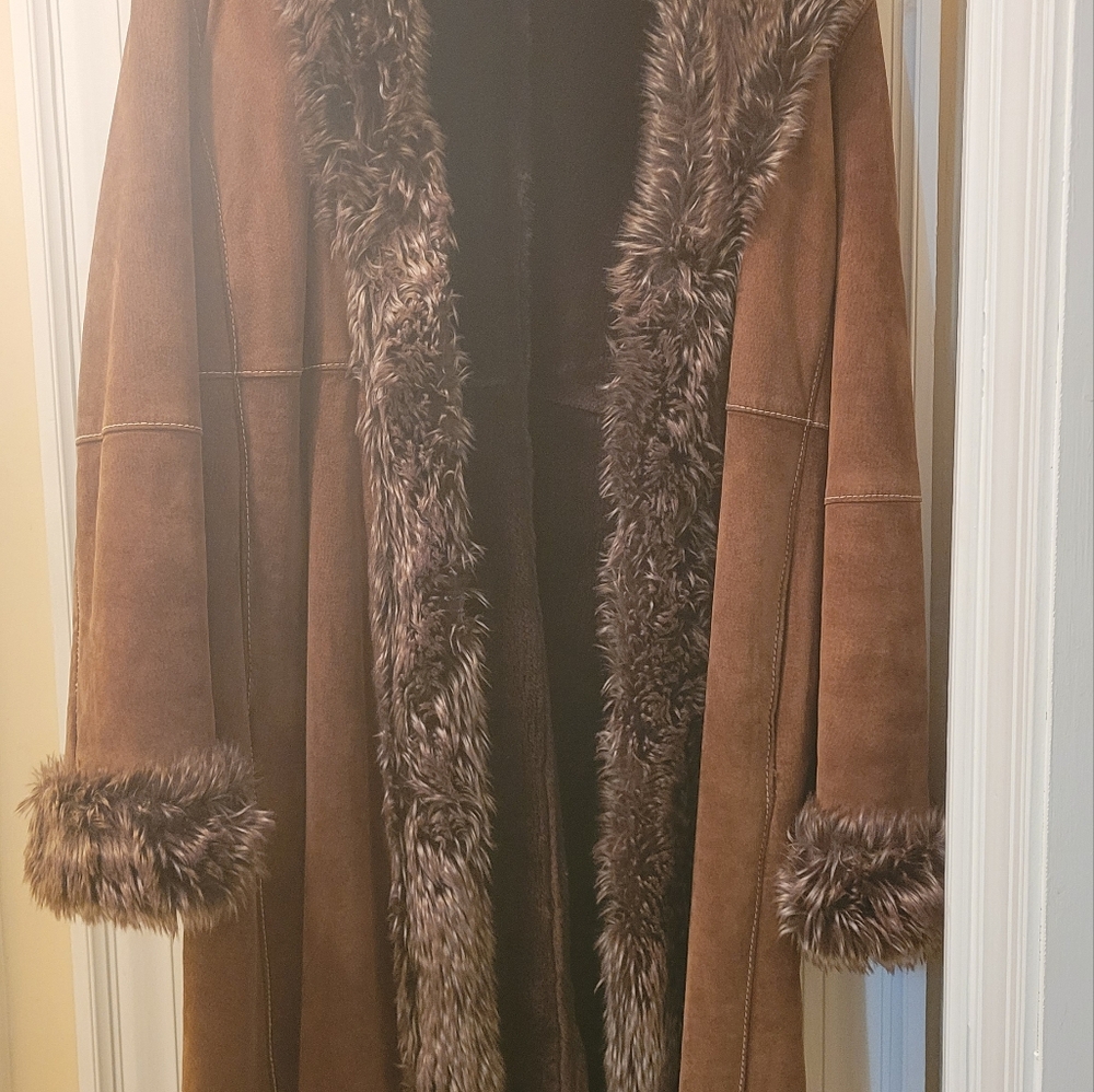 Wilson's Penny Lane brown suede coat long jacket faux fur mixed colors XL